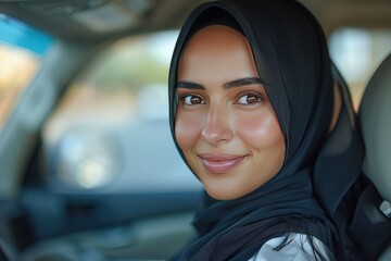 Smiling Saudi woman in a hijab driving her car on a sunny day