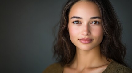 Wall Mural - A studio headshot portrait of a young woman in her mid-twenties. Her expression should be warm yet neutral and professional, suitable for acting headshots and casting calls. 