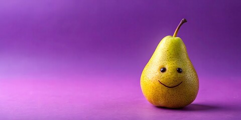 A cheerful pear with a happy face on a vibrant purple background symbolizing happiness, fruitfulness, and positive energy