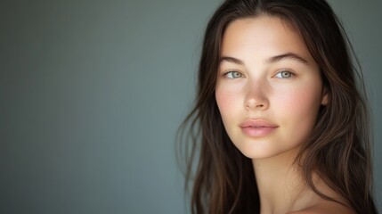 Wall Mural - A studio headshot portrait of a young woman in her mid-twenties. Her expression should be warm yet neutral and professional, 