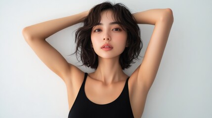 Poster - A white-skinned woman, 28 years old. Beautiful Korean woman with shoulder-length hair and short bob hairstyle wearing a black tank top shows her armpits and poses for a photoshoot, 