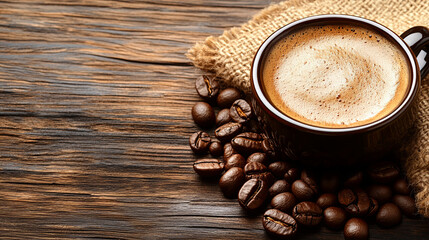 Cup of coffee with crema on wooden table alongside coffee beans and burlap