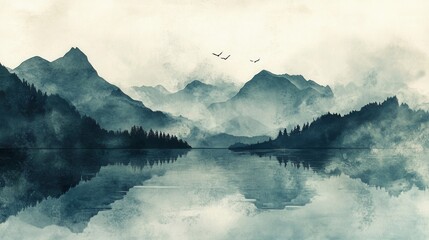 Wall Mural - Reflection of mountains and lakes in the mist Ink traditional landscape painting