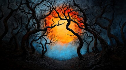 mysterious forest at dusk with twisted trees framing a vibrant orange sun setting in the background.