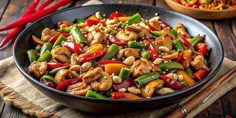 Wall Mural - Spicy kung pao chicken stir fry with vegetables and peanuts in a savory sauce