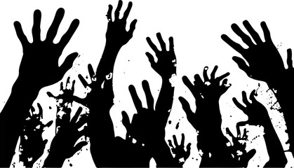 Walking dead and zombie rising up hands silhouettes. Vector isolated border. Decoration elements for halloween design.