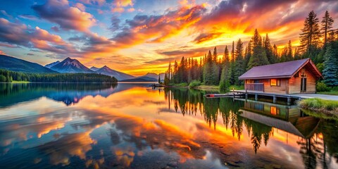 Wall Mural - Vibrant sunset over a serene mountain lake near a cozy cabin