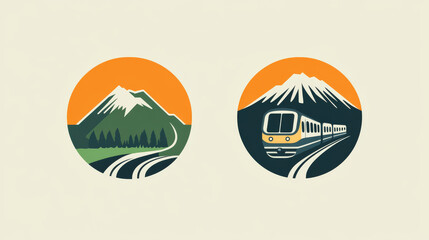 Pair of icons featuring contemporary trains in green and orange hues, designed with a receding perspective. One icon includes a mountain backdrop, making them ideal for symbolizing transportation.