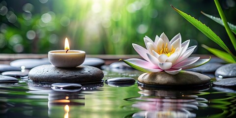 Tranquil spa setting with water lily, lit candle, smooth stones, and water droplets symbolizing relaxation and purity