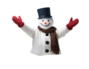 Wall Mural - Joyful snowman welcoming winter, adorned with a top hat, red mittens, and a brown scarf, embodying the spirit of holiday cheer and seasonal delight.