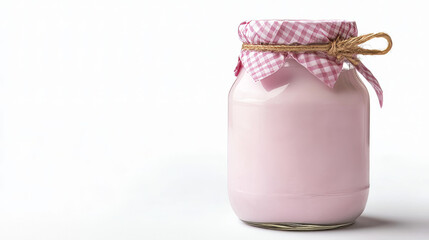 Delicious yogurt served in a mason jar, isolated on a white background.