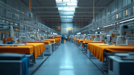 Canvas Print - A large industrial building with orange tables and machines