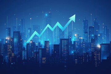 Poster - Modern cityscape background with financial graph indicating upward growth