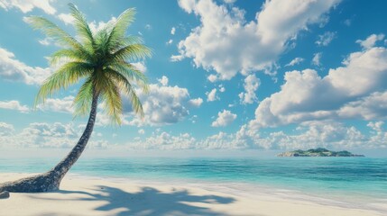 beautiful beach with a palm tree under beautiful blue sky in the luxury resort. There is a beautiful island by the horizon.