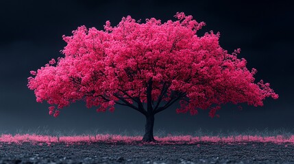 Wall Mural - tree with striking pink leaves on a black ground and background, creating a surreal, high-contrast image with bold visual impact.