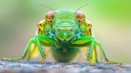 A green insect with brown spots on its face