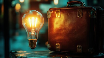 Vintage leather suitcase with glowing light bulb signifying travel and innovation, in a dimly lit environment.