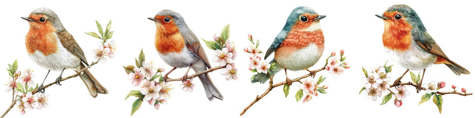 watercolor illustrations of robin birds perched on branches with delicate blossoms, capturing a serene and natural springtime scene cut out transparent isolated on white background PNG