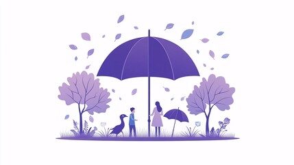 Wall Mural - Simple vector illustration in purple and blue on a white background, showing life insurance and partial redemption benefits with ultra-simple icons.