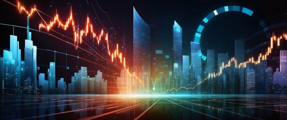 An abstract illustration of global finance, with glowing graphs and charts representing market trends and currency exchange rates. The background is a blend of modern technology and financial district