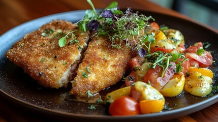 123. A dish of Argentinean milanesa (breaded steak)