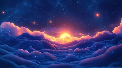 Wall Mural - A fantastic sight of the stars of the night sky intertwined with the sunrise of the sea of clouds