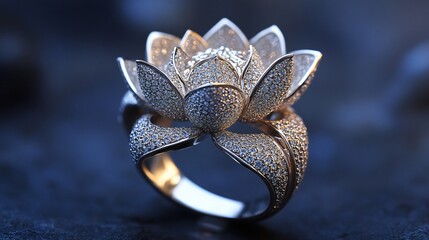 lotus petal ring, white gold with small diamonds, thin top, wide bottom, product shot on dark background, focus on top, ambient lighting.