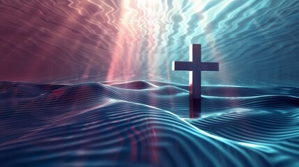 Poster - Cross on abstract background with lines and waves. 3D illustration. Clip art style.