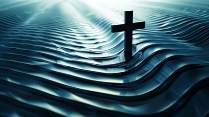 Poster - Cross on abstract background with lines and waves. 3D illustration. Clip art style.