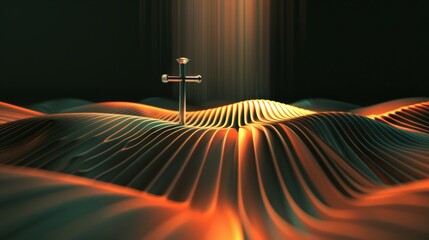 Poster - Cross on abstract background with lines and waves. 3D illustration. Clip art style.