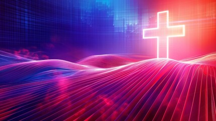 Poster - Cross on abstract background with lines and waves. 3D illustration. Clip art style.