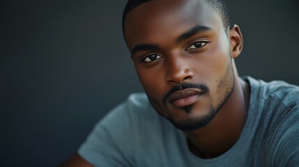 Wall Mural - hyper realistic photograph of a handsome african american man in a t-shirt looking directly at the camera.