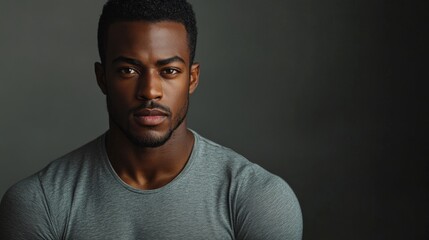 Wall Mural - hyper realistic photograph of a handsome african american man in a t-shirt looking directly at the camera.