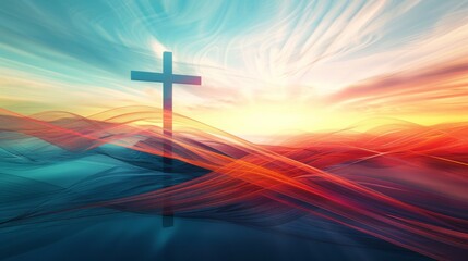 Poster - Cross on abstract background with lines and waves. 3D illustration. Clip art style.