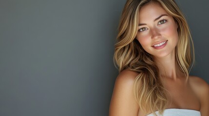 A teenage woman in a simple white gala dress poses relaxedly, smiling at the camera with her long, slightly curled hair in front of a gray studio background.