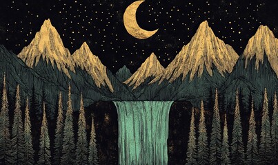 A mountain range with a waterfall and a full moon in the sky