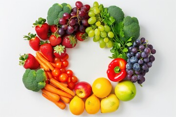 Wall Mural - Rainbow of fruits and vegetables forming a circle on white background with copy space