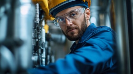 Poster - A man in a blue shirt and yellow helmet is working on a pipe