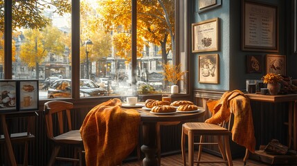 Cozy cafe scene with kouign amann pastries, steaming coffee, and soft blankets on wooden chairs, autumnal decor creating a warm, inviting atmosphere.