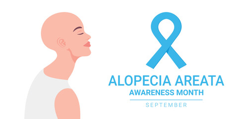 Wall Mural - Alopecia Areata awareness month banner. Beautiful bald head woman. Vector illustration