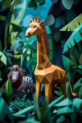 paper animal sculptures, including giraffes and zebras in a jungle setting, created in an style.