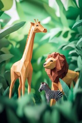 Wall Mural - paper animal sculptures, including giraffes and zebras in a jungle setting, created in an style.