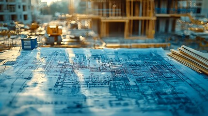 A construction blueprint lays on a table, with a blurred background of a building under construction adding depth to the scene.