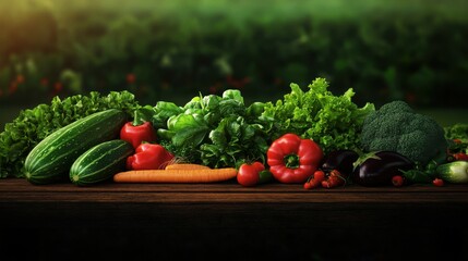 Fresh organic vegetables including cucumbers, carrots, peppers, and greens arranged on a wooden table in a garden setting.