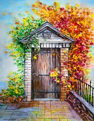 watercolor of a door in autumn colors