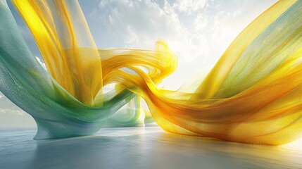 Vibrant 3D construction with yellow and green lines and ribbons, lots of light, horizon view, showcasing naturalism and design elements