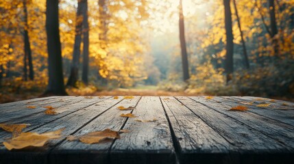 Poster - A wooden table with a view of a forest