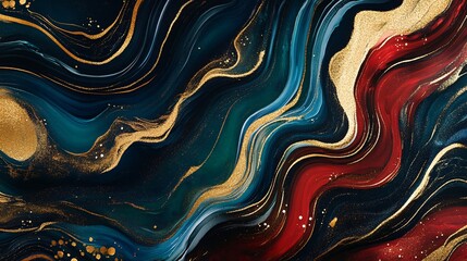 Poster - 4k marble texture wallpaper with liquified swirls of black, gold, red, and teal, creating a mesmerizing visual effect