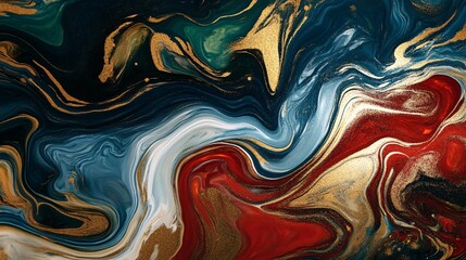 Poster - 4k wallpaper with a marble texture, highlighted by swirling black, gold, red, and teal colors in a liquified design