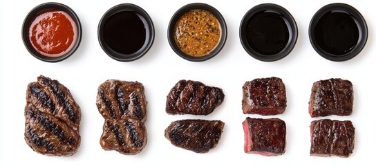 Poster - Different grill chops meat Steak in dish garnished with sauce, pepper and rosemary isolated on a white background. Popular beef steak delicious dish.